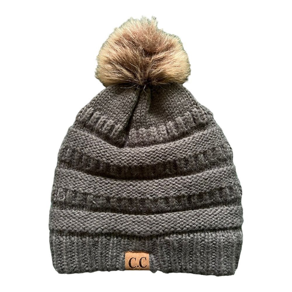 C.C Trendy Faux Fur Pom Fleece Lined Warm Soft Stretchy Cable Knit Beanie Hat